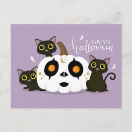 Postal Feliz Calabaza Celta de Halloween y gatos negros