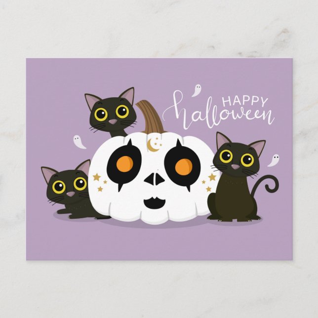 Postal Feliz Calabaza Celta de Halloween y gatos negros (Anverso)