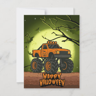 Postal Feliz Camión Monstruo de Halloween con murciélagos