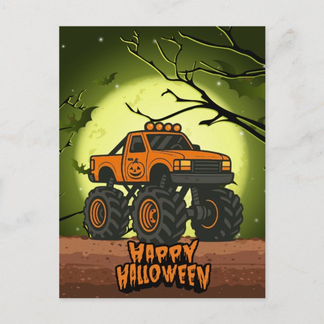 Postal Feliz Camión Monstruo de Halloween con murciélagos (Anverso)