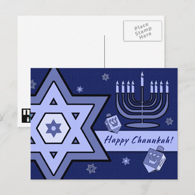 Postal Feliz Chanukah. Estrella de David, Menorah, sueños (Anverso / Reverso)