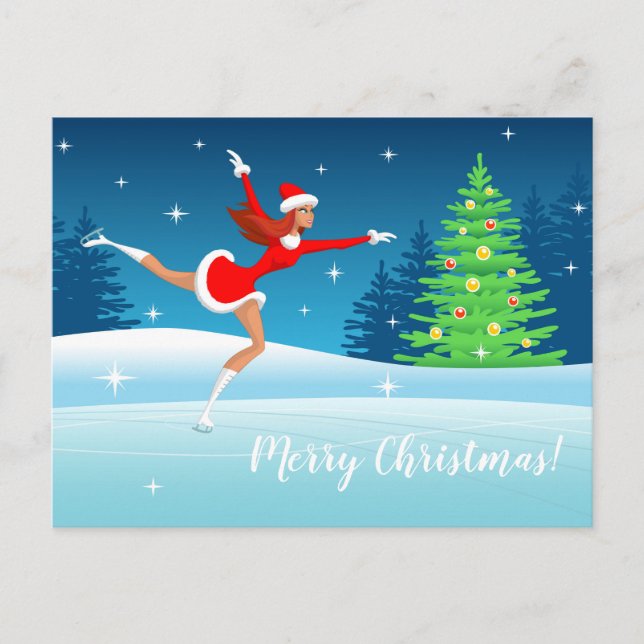 Postal Feliz Chica de patinaje artístico navideño (Anverso)