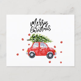 Postal Feliz coche rojo navideño con árbol de Navidad