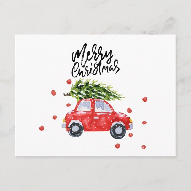 Postal Feliz coche rojo navideño con árbol de Navidad (Anverso)