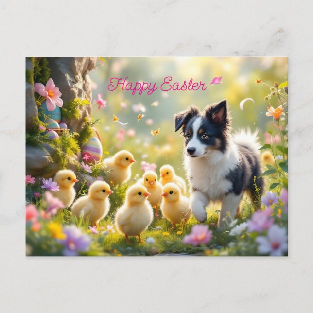 Postal Feliz Collie de Pascua y Chicas (Anverso)
