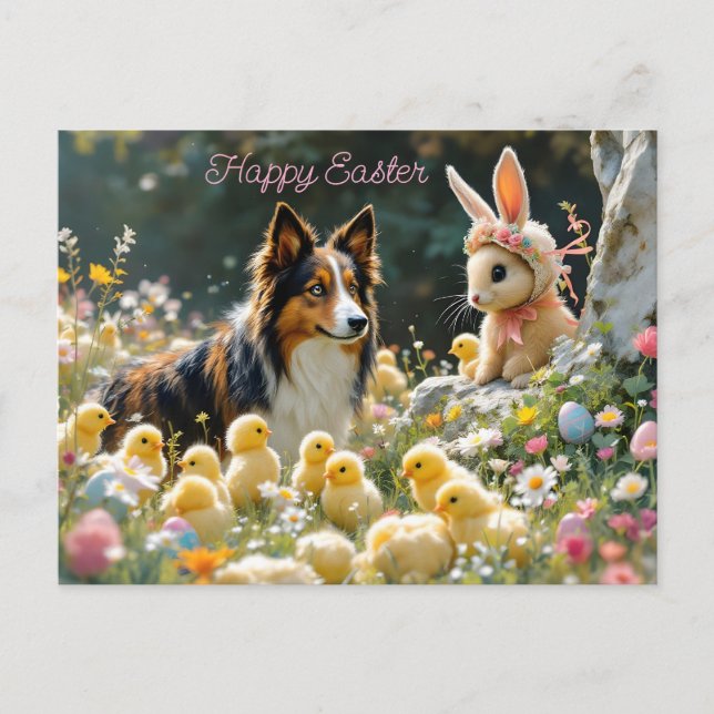 Postal Feliz Collie de Pascua y Chicas (Anverso)