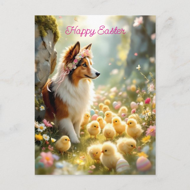 Postal Feliz Collie de Pascua y Chicas (Anverso)