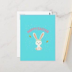 Postal Feliz conejito blanco de Pascua en azul