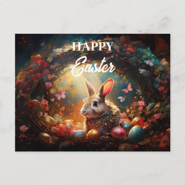Postal Feliz Conejo de Pascua con huevos de Pascua (Anverso)