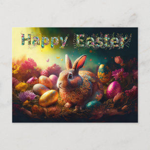 Postal Feliz Conejo de Pascua con huevos de Pascua