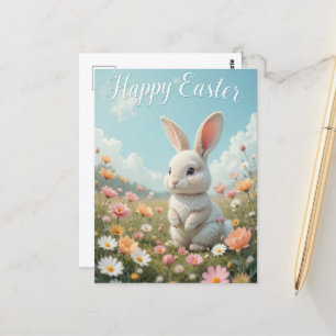 Postal Feliz Conejo de Pascua y huevos coloridos