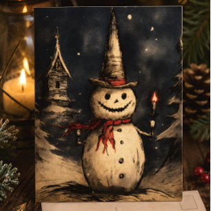 Postal Feliz Creepmas Muñeco de Nieve Espeluznante Vintag