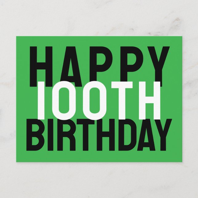 Postal Feliz Cumpleaños 100 Verde Negro Blanco Moderno Ne (Anverso)