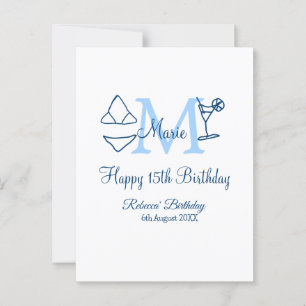 Postal Feliz cumpleaños 15 azul agregar nombre monograma 