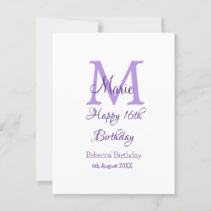 Postal Feliz cumpleaños 16 morado agregar nombre monogram