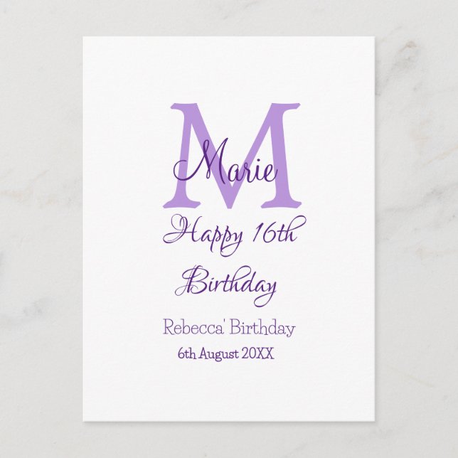 Postal Feliz cumpleaños 16 morado agregar nombre monogram (Anverso)