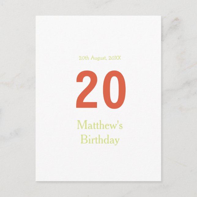 Postal feliz cumpleaños 20 verde naranja negrita retro bo (Anverso)