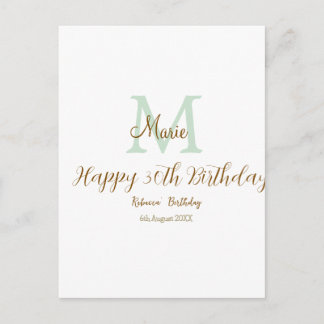 Postal Feliz cumpleaños 30 dorado verde monograma pastel