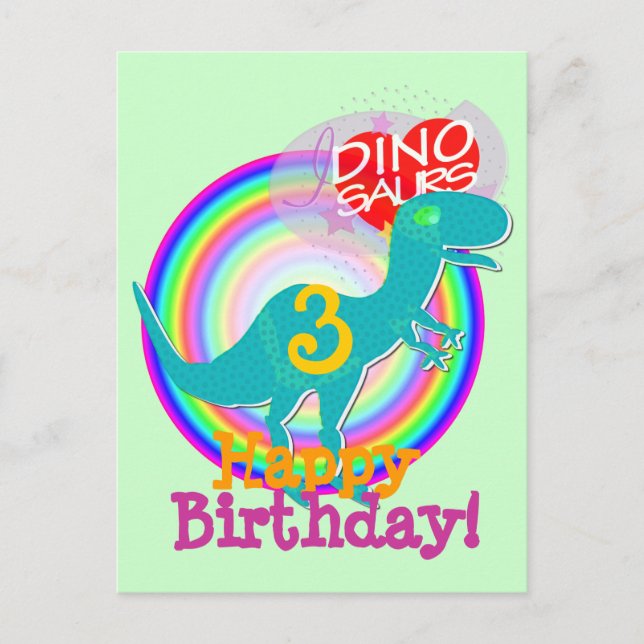 Postal Feliz cumpleaños 3 años Blue Dino T-Rex Postcard (Anverso)