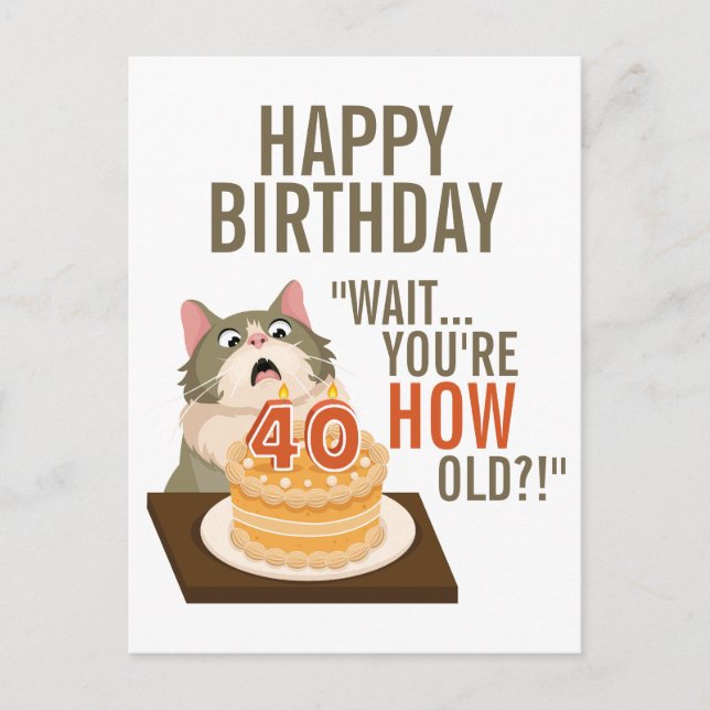Postal Feliz cumpleaños 40 divertido humor de gato chiste (Anverso)