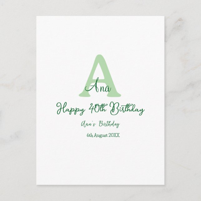 Postal Feliz cumpleaños 40 verde agregar nombre monograma (Anverso)