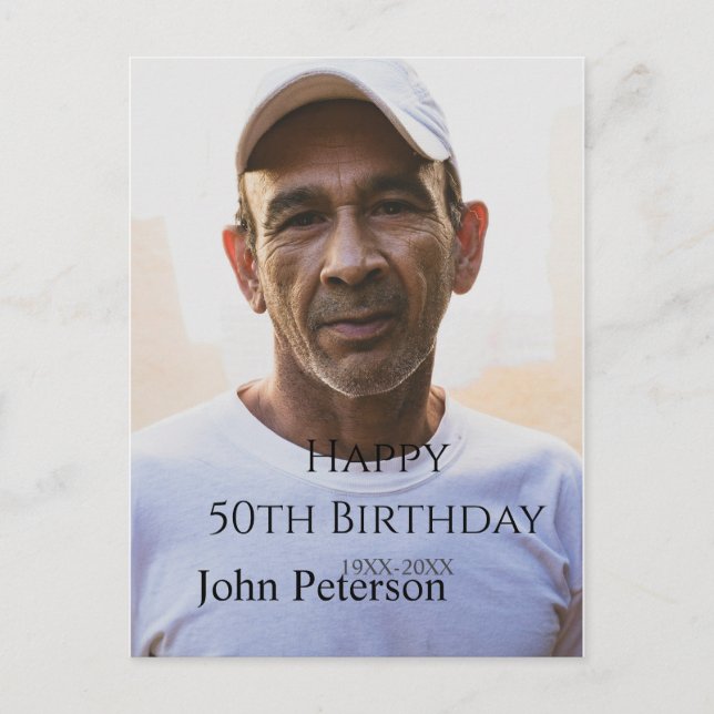 Postal Feliz cumpleaños 50 nombre foto año hombre simple  (Anverso)