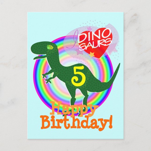 Postal Feliz cumpleaños 5 años T-Rex Dino Postcard (Anverso)
