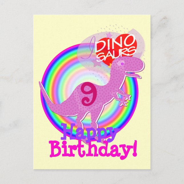Postal Feliz cumpleaños 9 años Púrpura T-Rex Dino Postcar (Anverso)