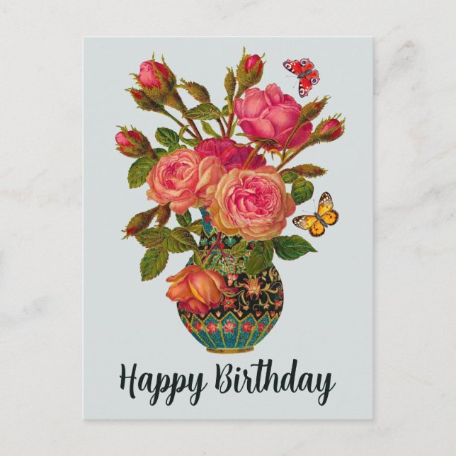 Postal Feliz cumpleaños a elegantes Rosas victorianos en  (Anverso)