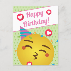 Postal Feliz cumpleaños a la Emoji del beso de polka verd