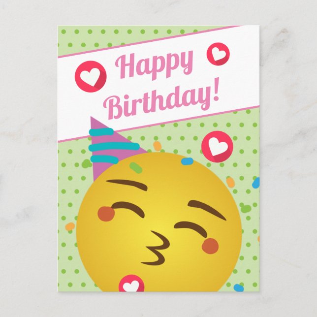 Postal Feliz cumpleaños a la Emoji del beso de polka verd (Anverso)