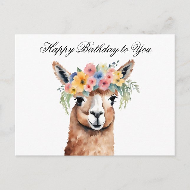 Postal Feliz Cumpleaños a Ti Alpaca con Flores  (Anverso)