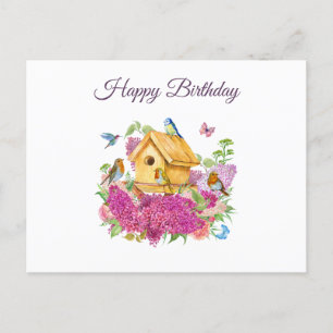 Postal Feliz cumpleaños acuarela Birdhouse Flores Lilac