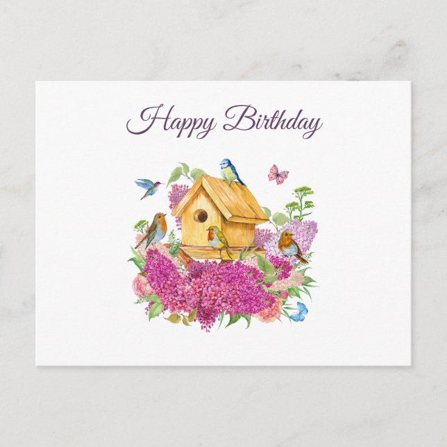 Postal Feliz cumpleaños acuarela Birdhouse Flores Lilac (Anverso)