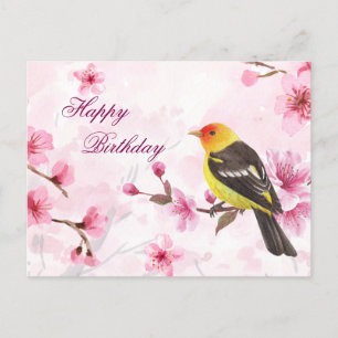 Postal Feliz Cumpleaños Acuarela Flor de Cerezo y Pájaro