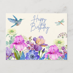 Postal Feliz Cumpleaños Acuarela Flores Iris Naturaleza 