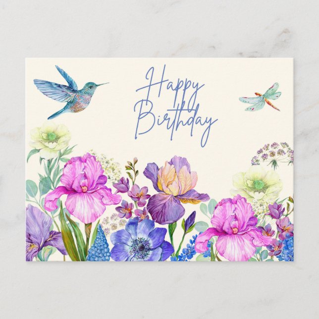 Postal Feliz Cumpleaños Acuarela Flores Iris Naturaleza  (Anverso)
