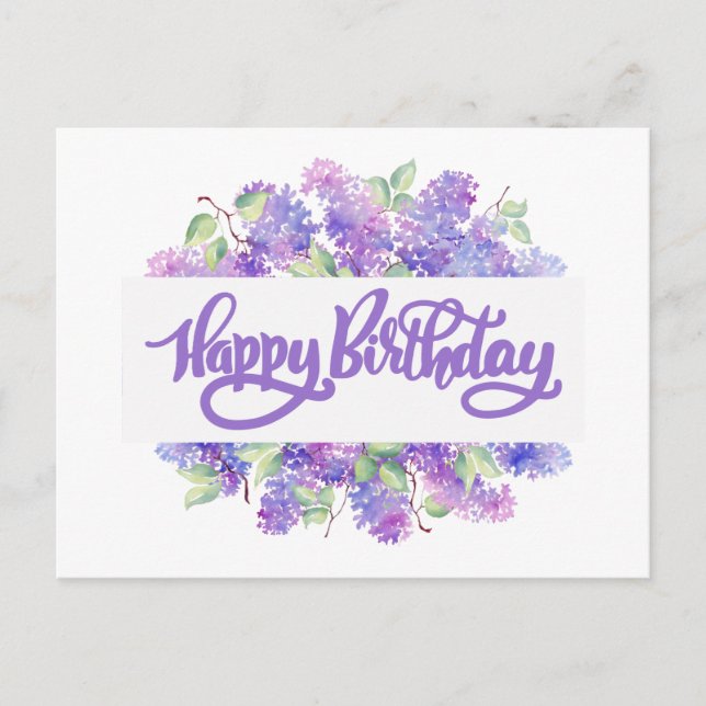 Postal Feliz Cumpleaños Acuarela Flores Púrpura Lilac (Anverso)