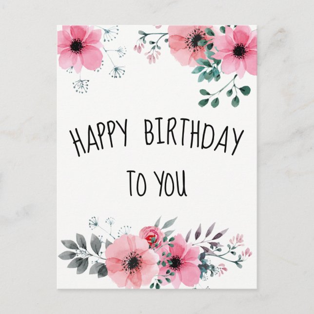 Postal Feliz Cumpleaños Acuarela Flores Rosadas Bonitas (Anverso)