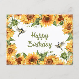 Postal Feliz cumpleaños, acuarela, girasoles y aves