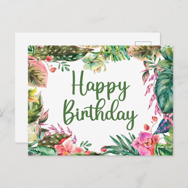 Postal Feliz cumpleaños, acuarela, hojas tropicales, flor (Anverso / Reverso)