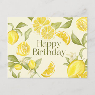 Postal Feliz Cumpleaños Acuarela Limones, Flor de Limón