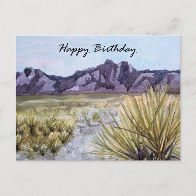 Postal Feliz Cumpleaños Acuarela Montañas Cactus del Desi (Anverso)
