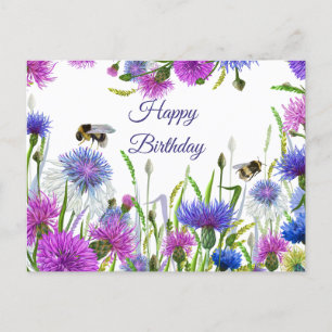 Postal Feliz Cumpleaños Acuarela Púrpura, Acianos Azules