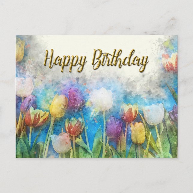 Postal Feliz cumpleaños acuarela Resumen Flores de tulipa (Anverso)