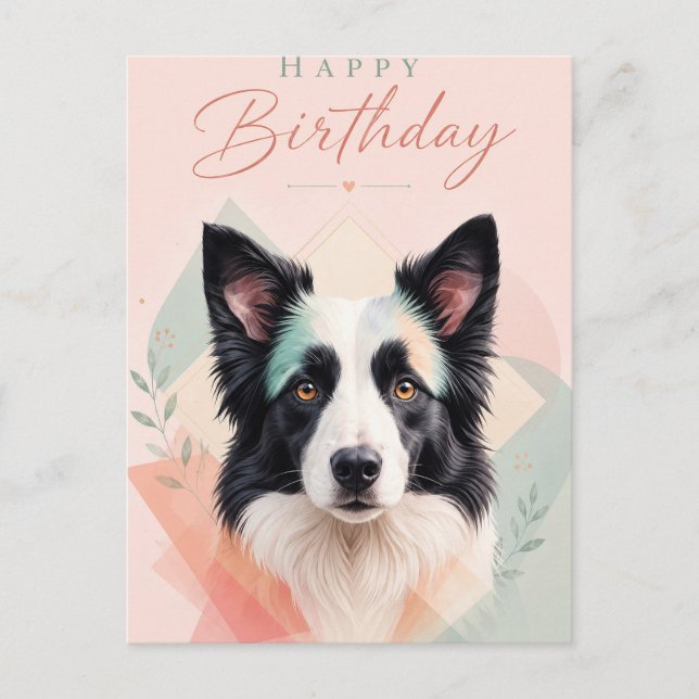 Postal Feliz Cumpleaños Adorable Perro Blanco Negro Retra (Anverso)