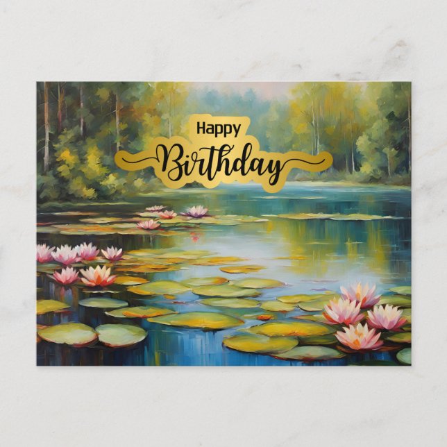 Postal Feliz cumpleaños, agua Lily Pond, bosque, naturale (Anverso)