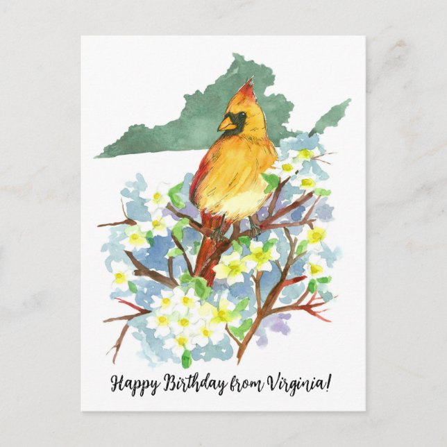 Postal Feliz cumpleaños al cardenal de Virginia Dogwood (Anverso)