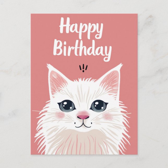Postal Feliz cumpleaños al gato blanco (Anverso)