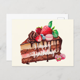 Postal Feliz cumpleaños al pastel de chocolate con fresa
